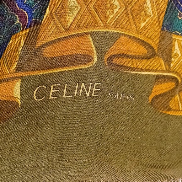 VINTAGE Large CELINE WRAP SHAWL Fall Colours Green golds navy burgandy beige EUC - Picture 7 of 8